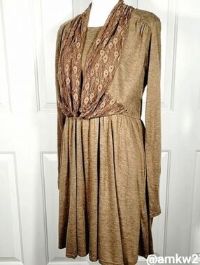 NWT A'reve Long Sleeve Heather Knit Dress Brown Attached Lace Scarf Size Small